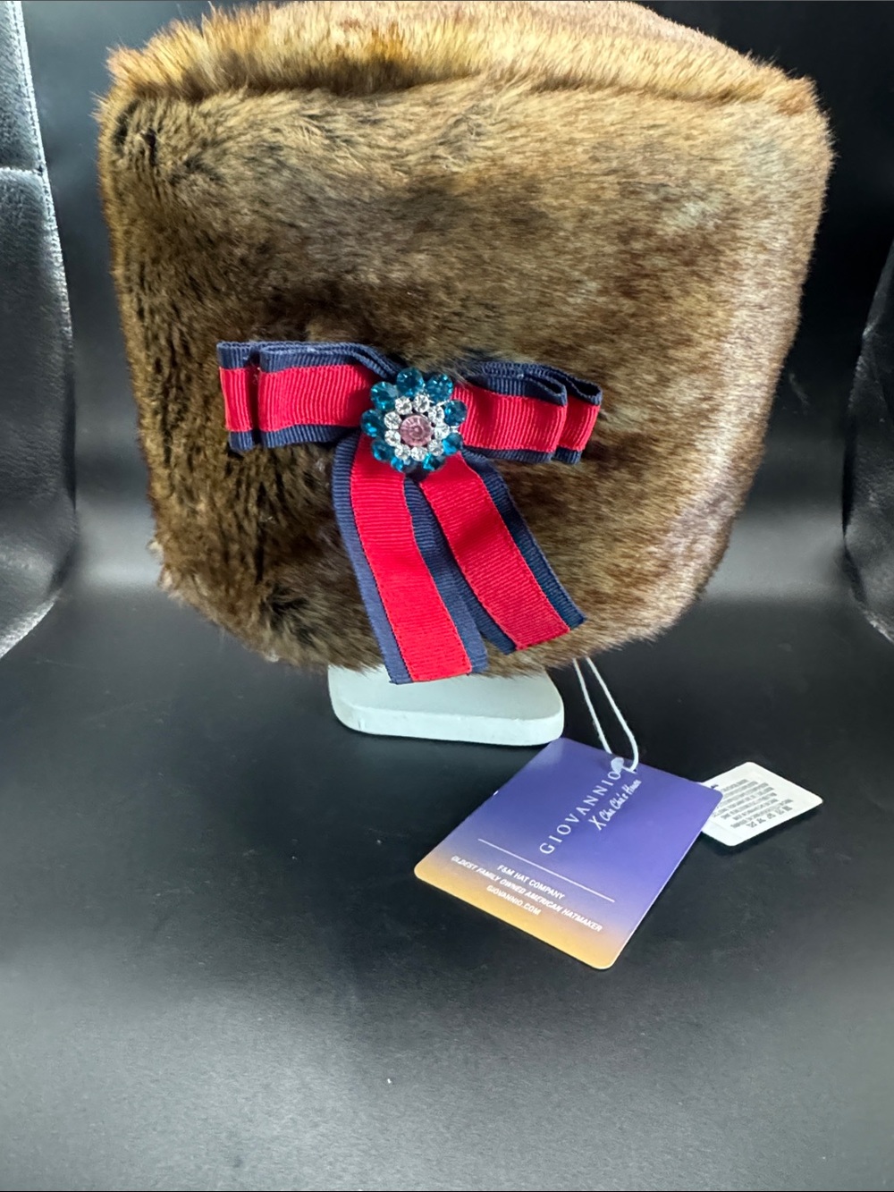 NWT Giovannio Cha Cha’s House Brown Faux Fur Hat with Red & Navy Ribbon Accent